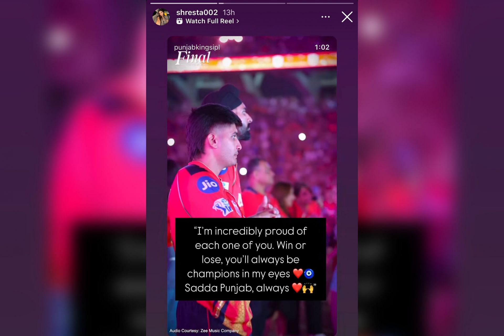 Shresta Iyer's heartfelt note for Punjab Kings (Image via Instagram-@shresta002)
